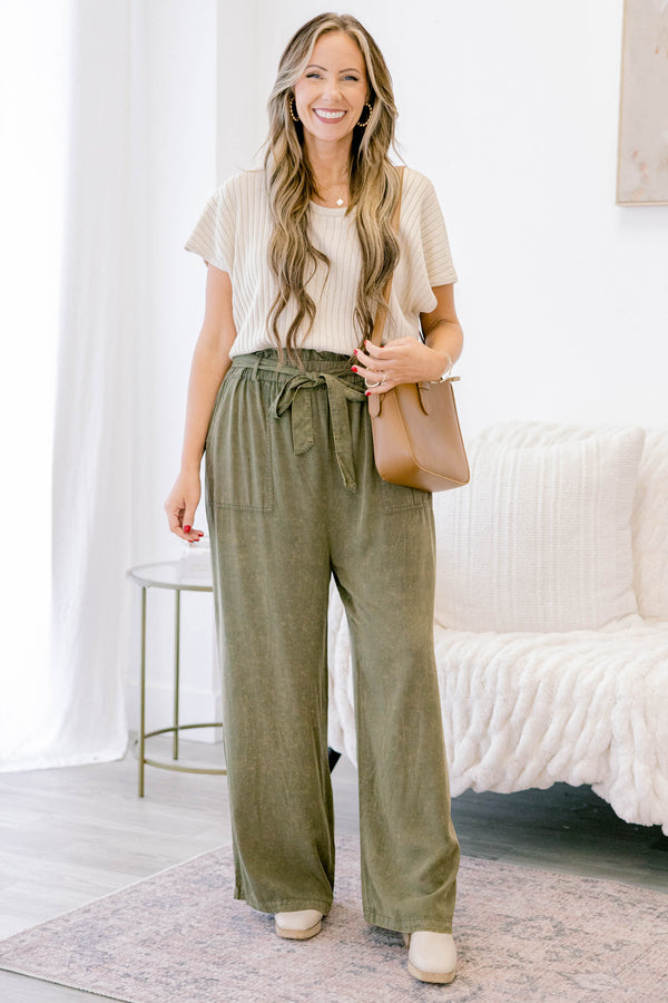 Chic Soul plus size clothing, olive green full length linen pants with elastic waist band a tie belt 