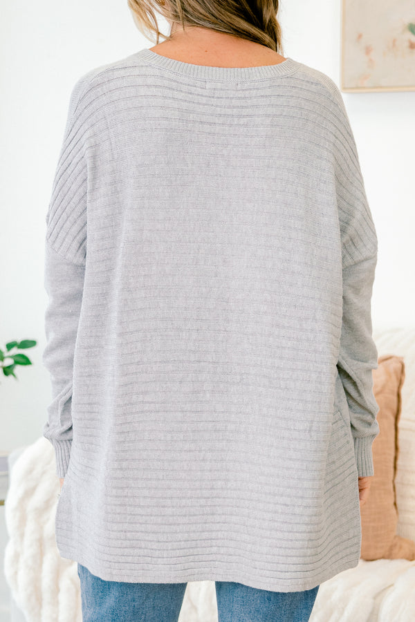 Chic Soul plus size clothing, light gray long sleeve shallow v-neck sweater top with middle seam detail on front