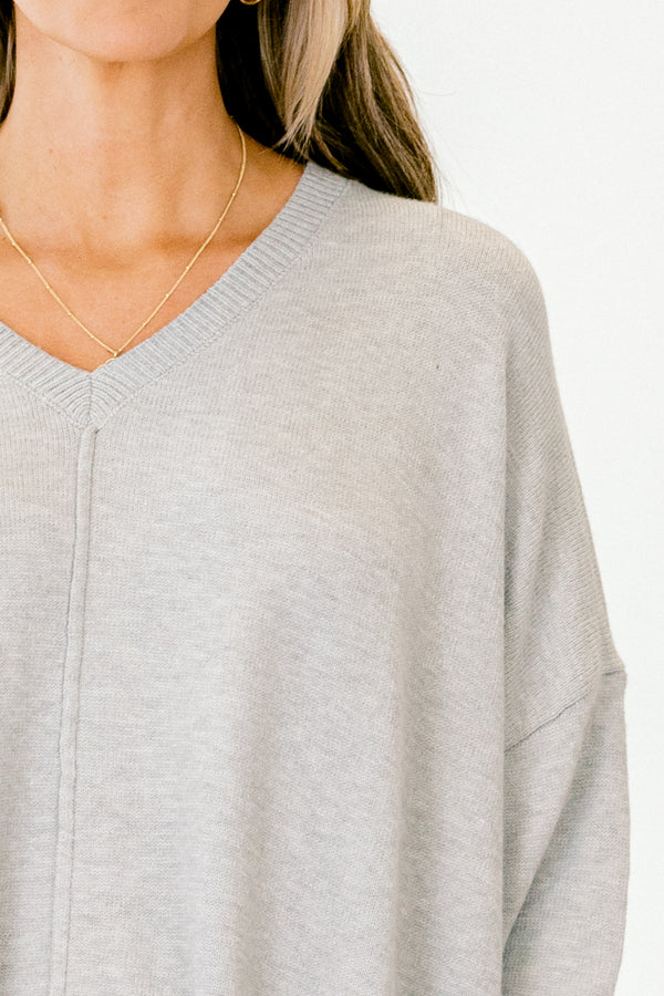 Chic Soul plus size clothing, light gray long sleeve shallow v-neck sweater top with middle seam detail on front