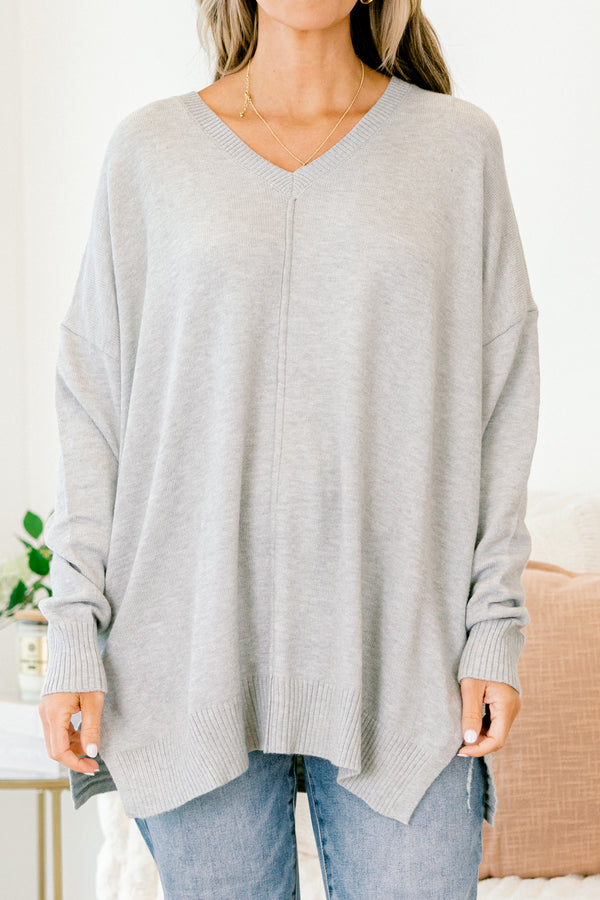 Chic Soul plus size clothing, light gray long sleeve shallow v-neck sweater top with middle seam detail on front