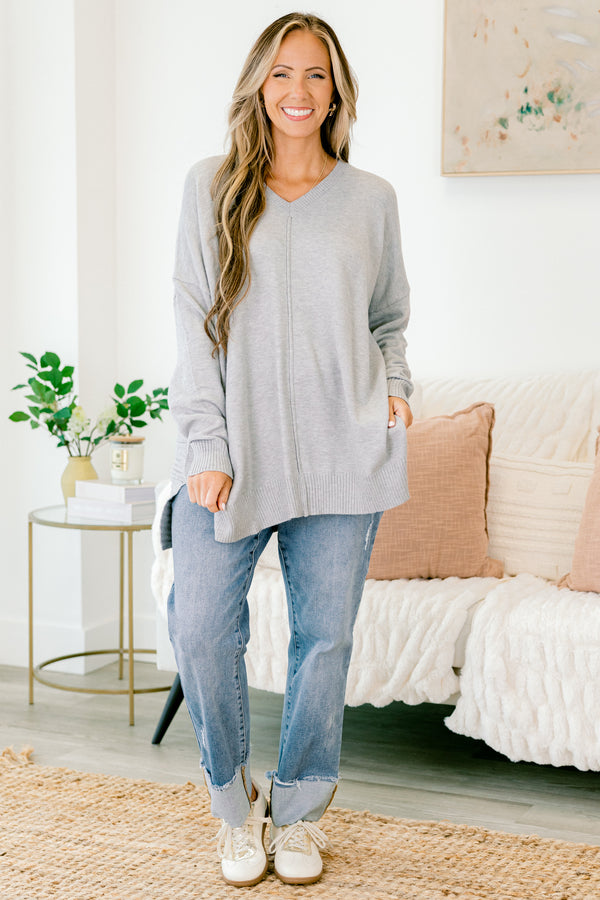 Chic Soul plus size clothing, light gray long sleeve shallow v-neck sweater top with middle seam detail on front