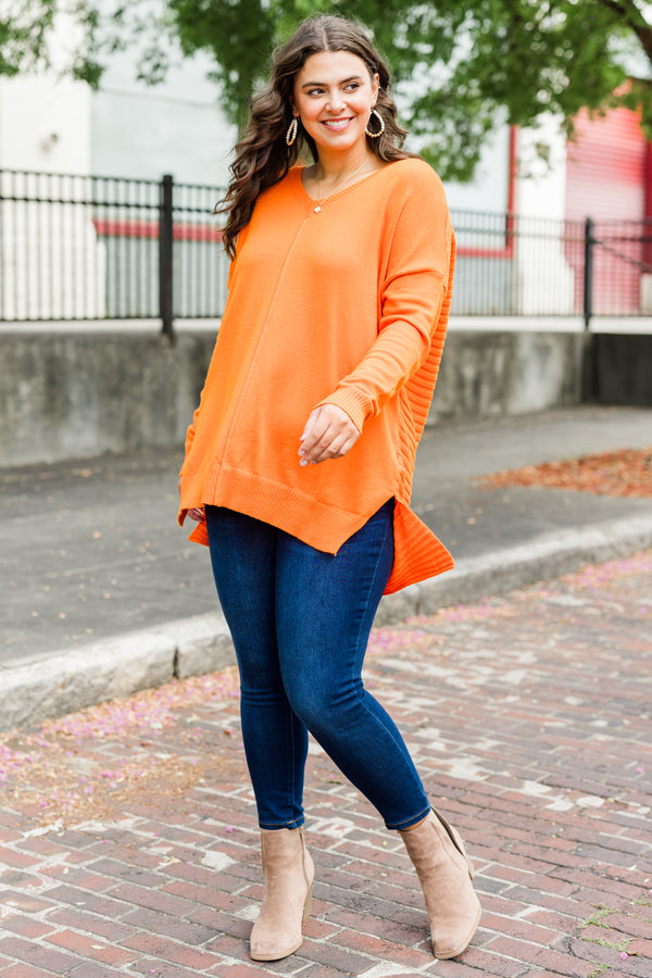 Chic Soul plus size clothing, long-sleeve orange v-neckline sweater with distressed stitching
