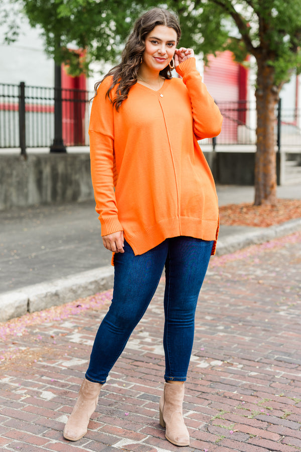 Chic Soul plus size clothing, long-sleeve orange v-neckline sweater with distressed stitching
