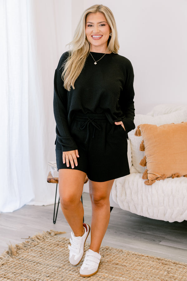 Chic Soul plus size clothing, black ribbed long sleeve and short lounge set 