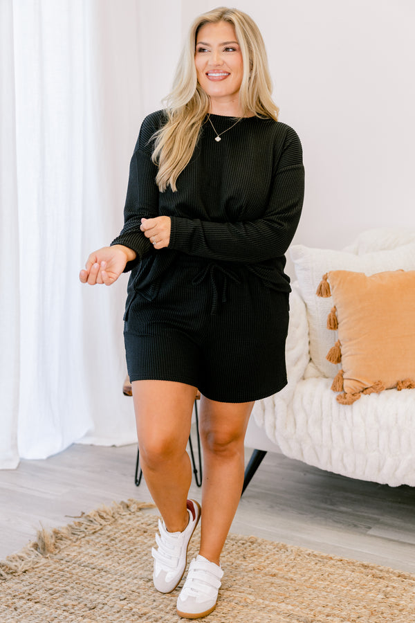 Chic Soul plus size clothing, black ribbed long sleeve and short lounge set 