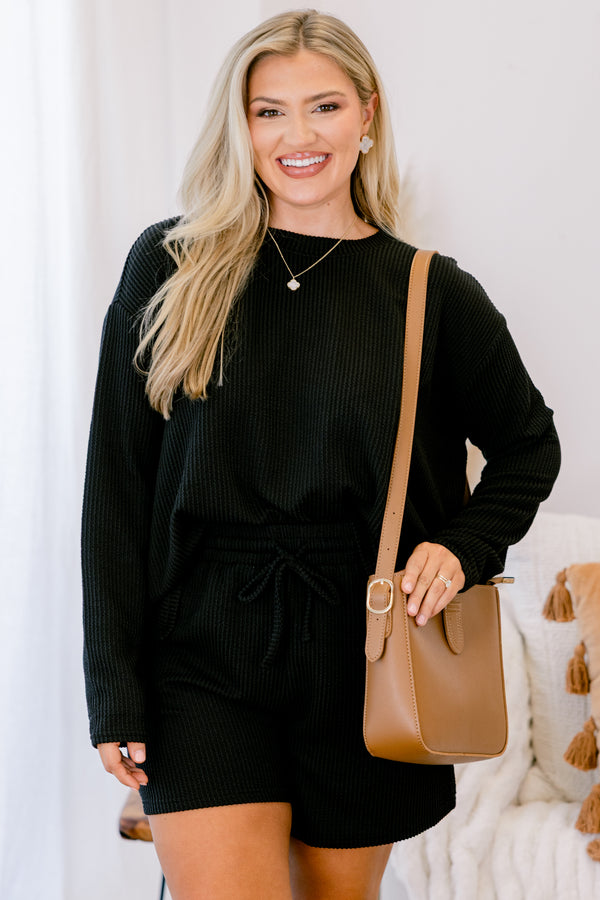 Chic Soul plus size clothing, black ribbed long sleeve and short lounge set 