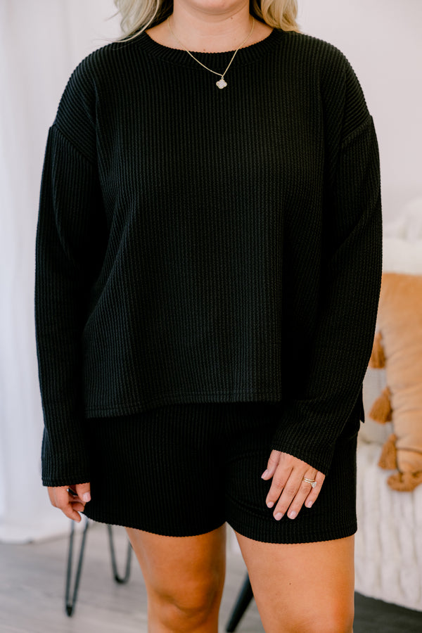 Chic Soul plus size clothing, black ribbed long sleeve and short lounge set 
