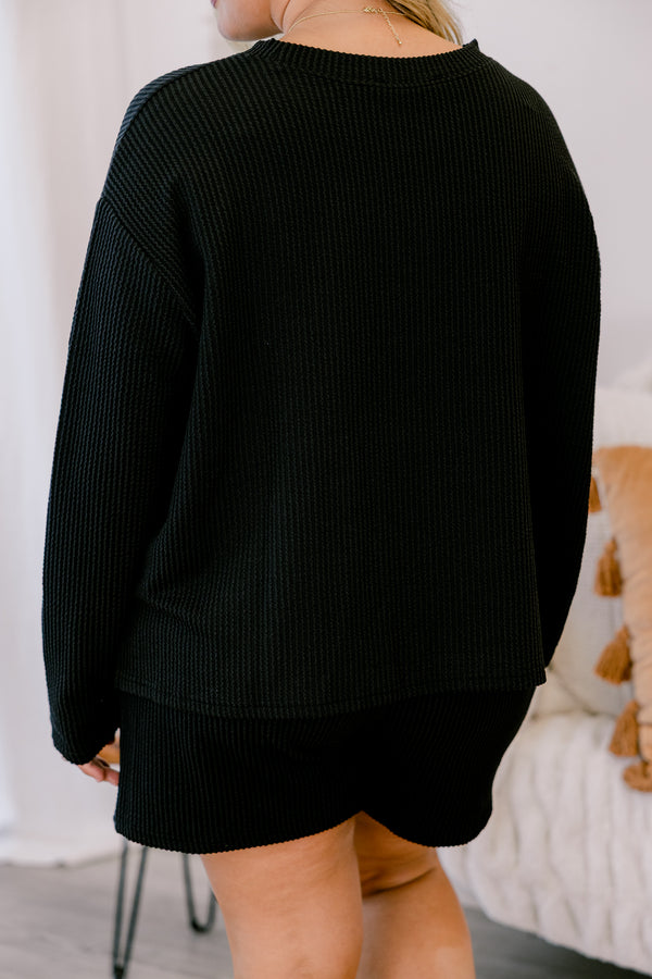 Chic Soul plus size clothing, black ribbed long sleeve and short lounge set 