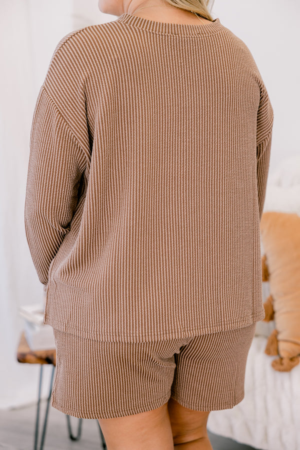 Chic Soul plus size clothing, light brown ribbed long sleeve and short lounge set 