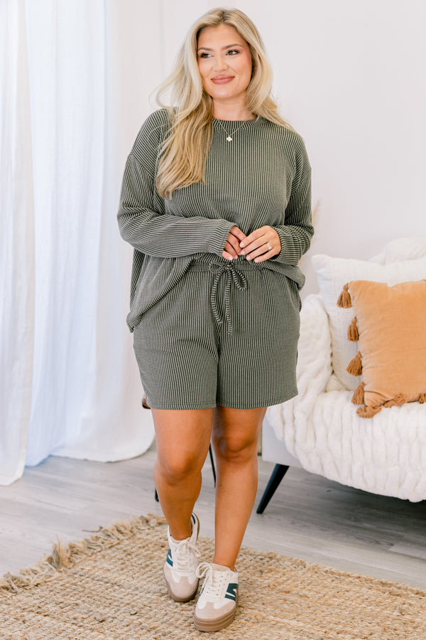 Chic Soul plus size clothing, olive green ribbed long sleeve and short lounge set 