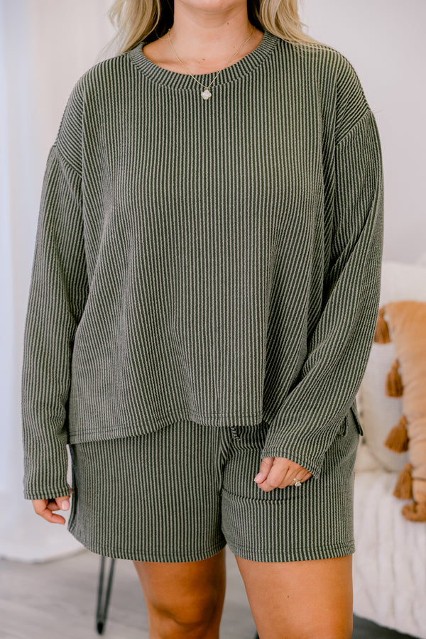 Chic Soul plus size clothing, olive green ribbed long sleeve and short lounge set 