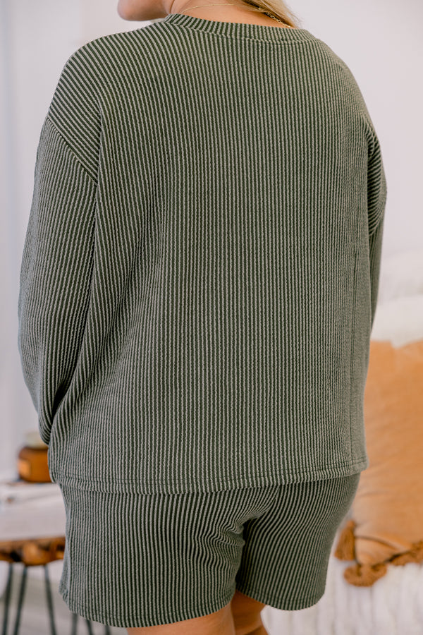 Chic Soul plus size clothing, olive green ribbed long sleeve and short lounge set 