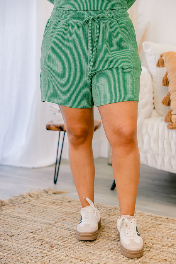 Chic Soul plus size clothing, forest short set with a long sleeve top both have a ribbed texture and the shorts have a draw string waistband