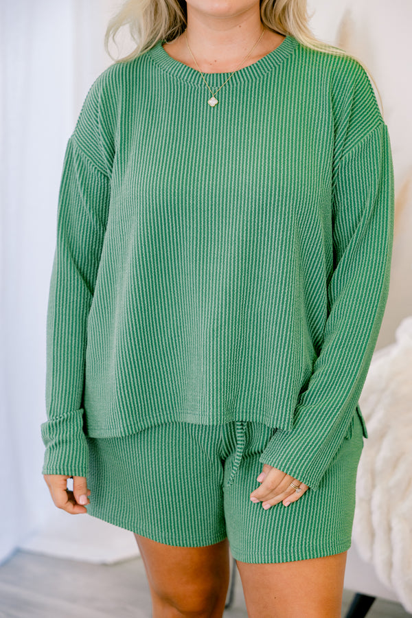 Chic Soul plus size clothing, forest short set with a long sleeve top both have a ribbed texture and the shorts have a draw string waistband