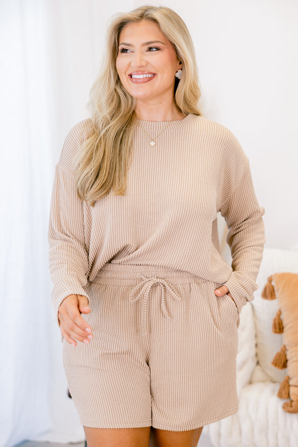 Chic Soul plus size clothing, light tan long sleeve and shorts set with ribbed texturing