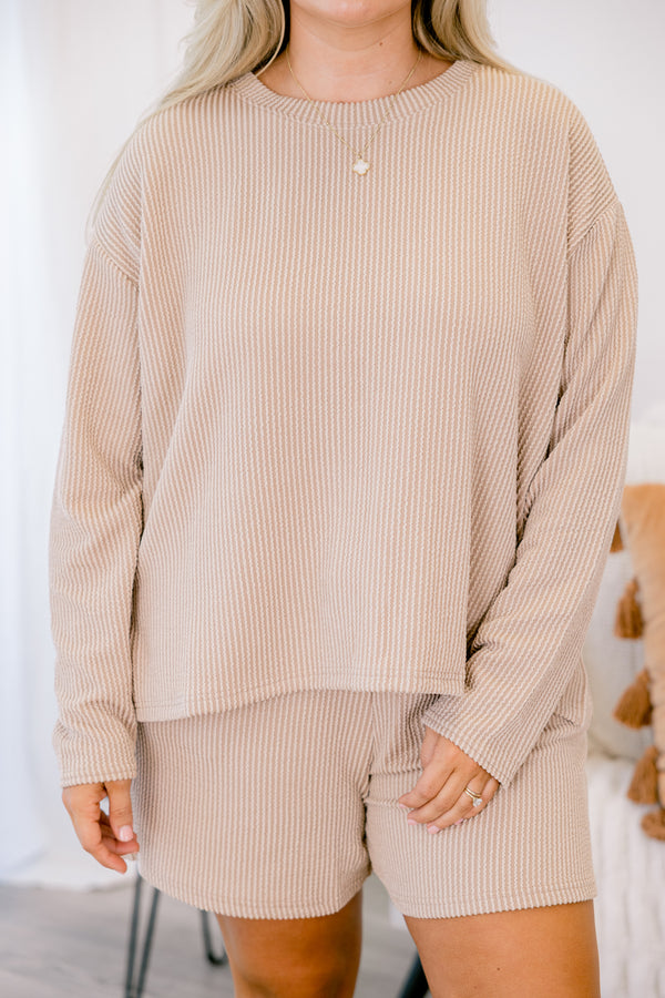 Chic Soul plus size clothing, light tan long sleeve and shorts set with ribbed texturing