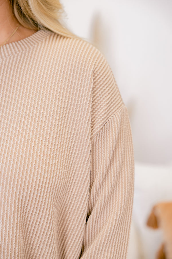 Chic Soul plus size clothing, light tan long sleeve and shorts set with ribbed texturing