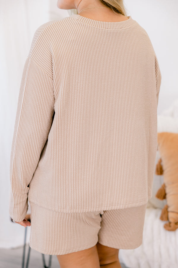 Chic Soul plus size clothing, light tan long sleeve and shorts set with ribbed texturing