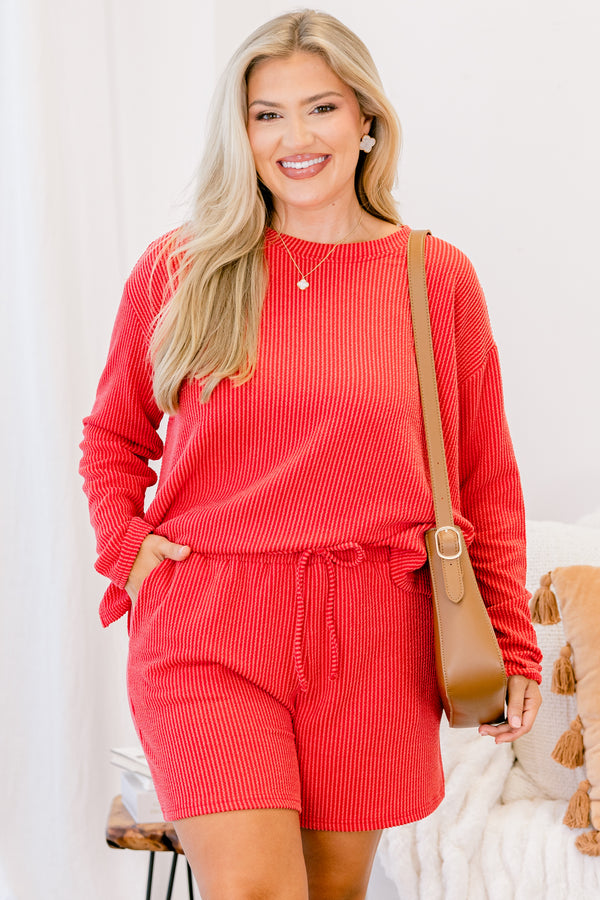Chic Soul plus size clothing, red long sleeve and shorts set with ribbed texturing