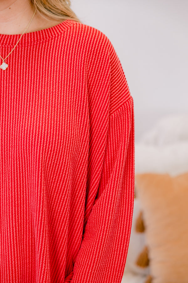 Chic Soul plus size clothing, red long sleeve and shorts set with ribbed texturing