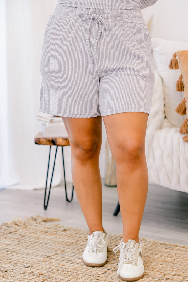 Chic Soul plus size clothing, silver short set with a long sleeve top both have a ribbed texture and the shorts have a draw string waistband