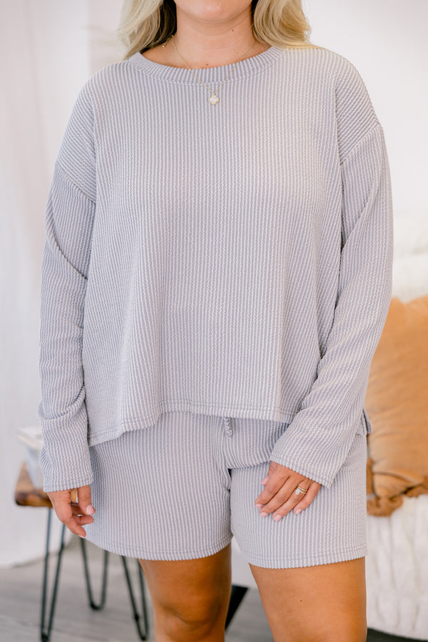 Chic Soul plus size clothing, silver short set with a long sleeve top both have a ribbed texture and the shorts have a draw string waistband