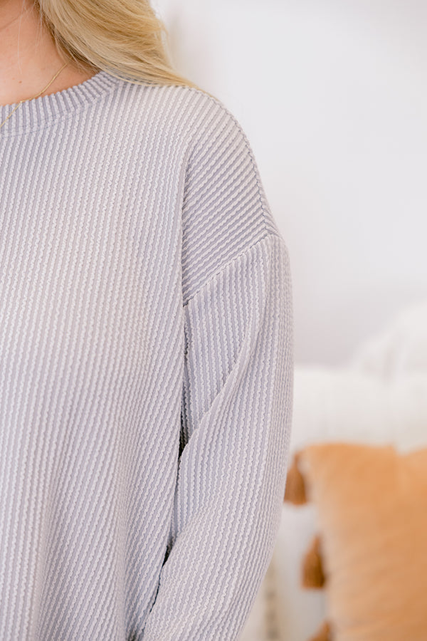 Chic Soul plus size clothing, silver short set with a long sleeve top both have a ribbed texture and the shorts have a draw string waistband