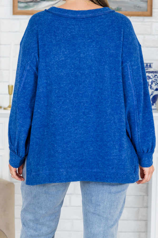 Chic Soul plus size clothing, long-sleeve light navy blue top with scoop-neckline and pocket on the bodice 