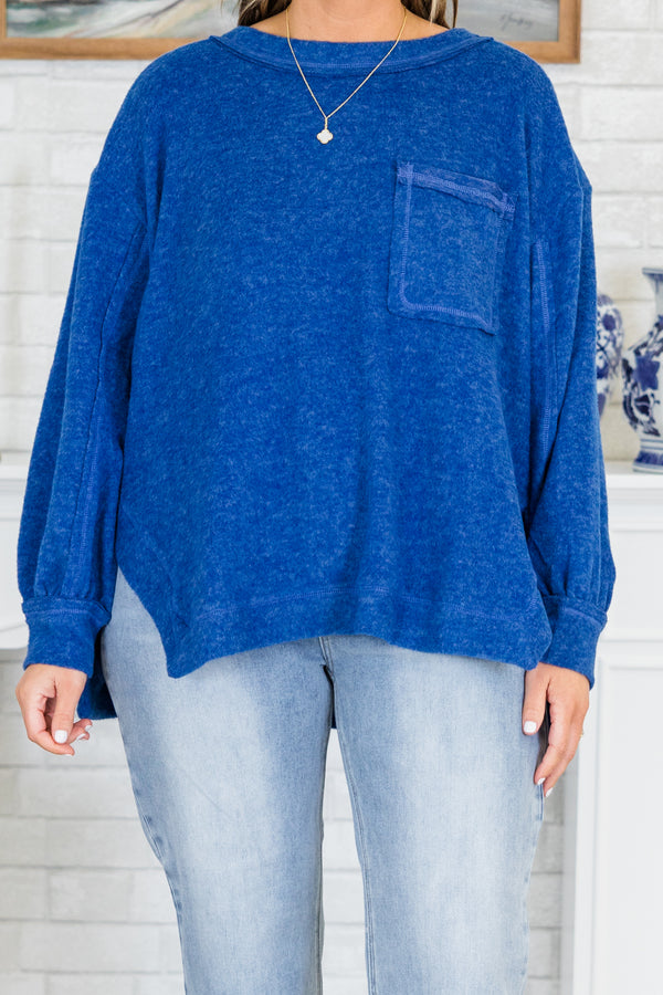 Chic Soul plus size clothing, long-sleeve light navy blue top with scoop-neckline and pocket on the bodice 