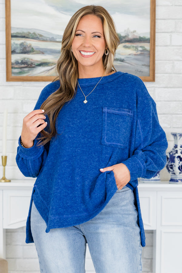 Chic Soul plus size clothing, long-sleeve light navy blue top with scoop-neckline and pocket on the bodice 