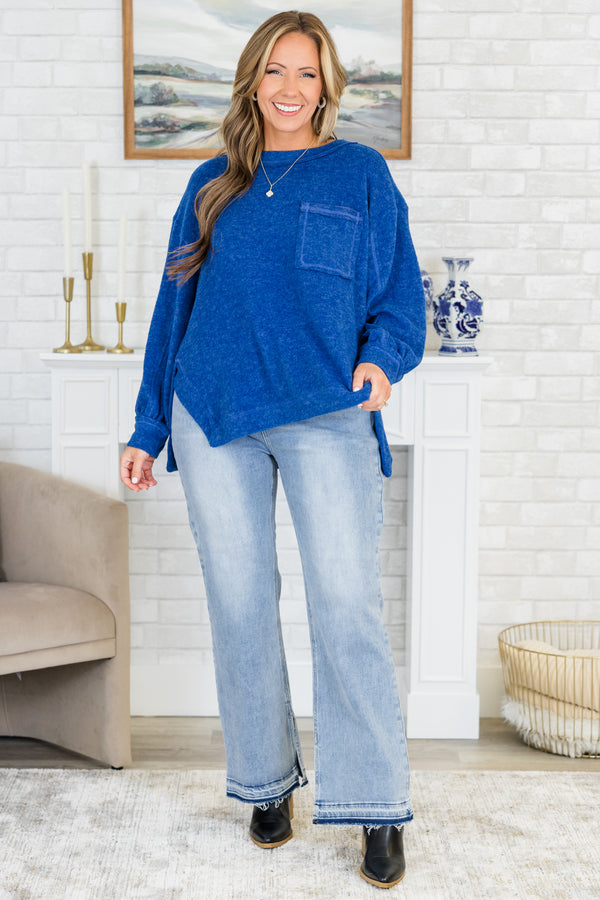 Chic Soul plus size clothing, long-sleeve light navy blue top with scoop-neckline and pocket on the bodice 