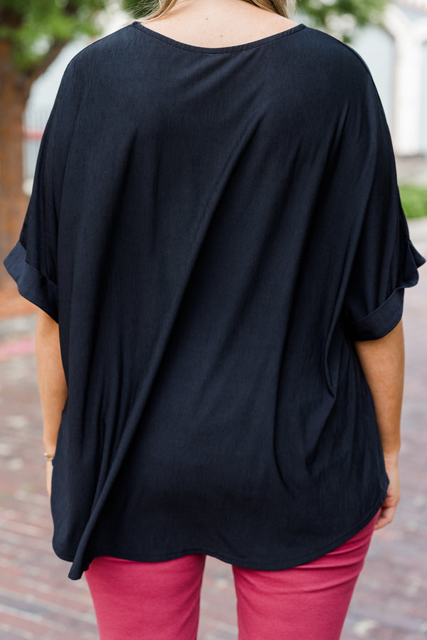 Chic Soul plus size clothing, black plain flowy short sleeve top with round neckline and cuff detail on sleeves