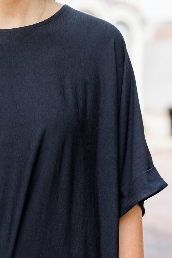 Chic Soul plus size clothing, black plain flowy short sleeve top with round neckline and cuff detail on sleeves