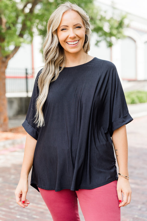 Chic Soul plus size clothing, black plain flowy short sleeve top with round neckline and cuff detail on sleeves