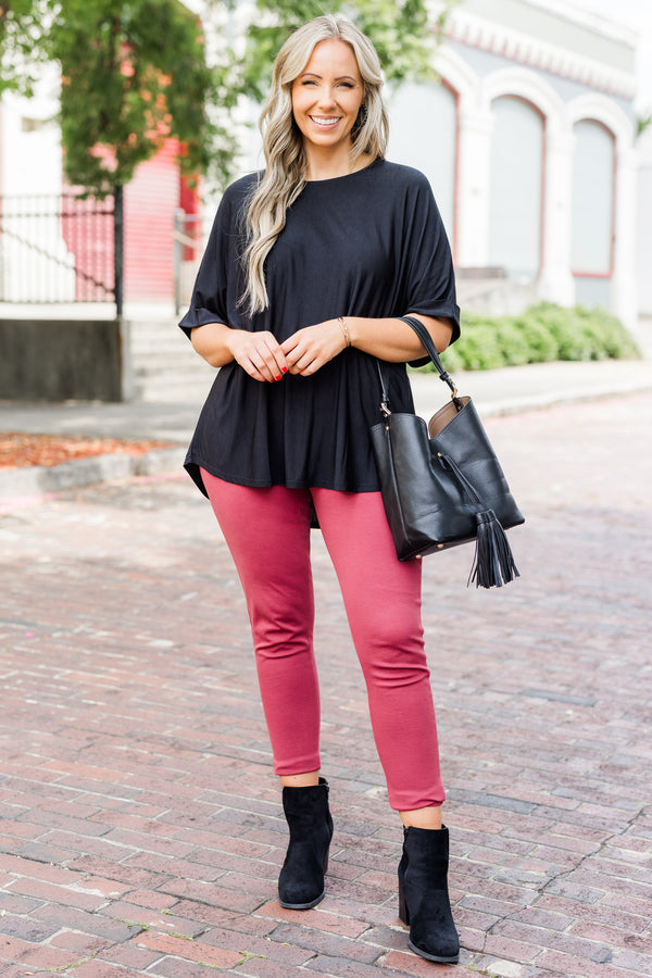 Chic Soul plus size clothing, black plain flowy short sleeve top with round neckline and cuff detail on sleeves