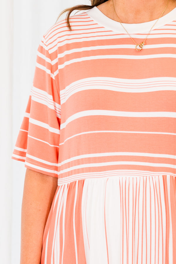 Chic Soul plus size clothing, short sleeve coral-white stripe maxi dress with horizontal stripes across chest and vertical stripes along skirt