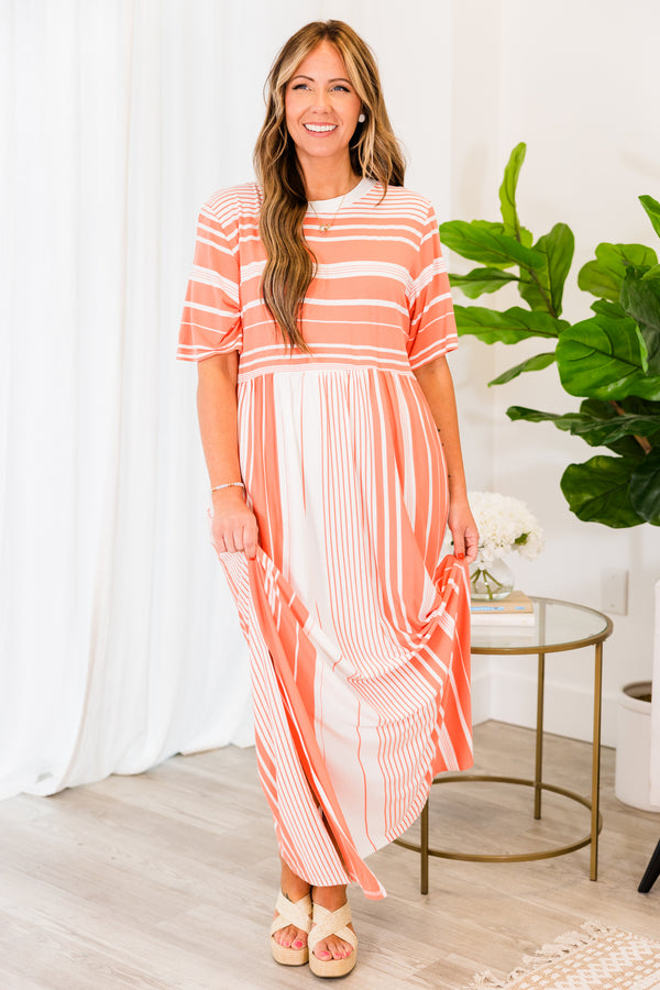 Chic Soul plus size clothing, short sleeve coral-white stripe maxi dress with horizontal stripes across chest and vertical stripes along skirt