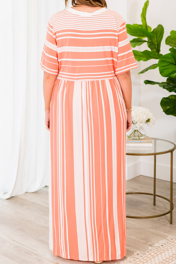 Chic Soul plus size clothing, short sleeve coral-white stripe maxi dress with horizontal stripes across chest and vertical stripes along skirt