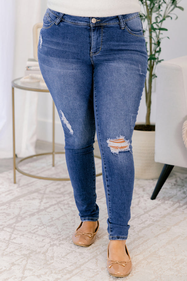 Chic Soul plus size clothing, mid rise blue skinny jeans with distressing at the knees and upper right pocket