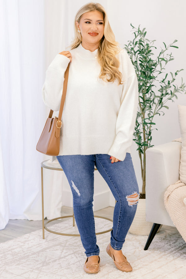 Chic Soul plus size clothing, mid rise blue skinny jeans with distressing at the knees and upper right pocket