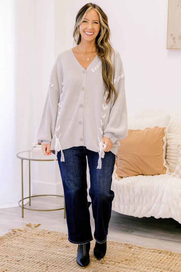 Chic Soul plus size clothing, light grey long sleeve button up cardigan with white lace threaded through the fabric