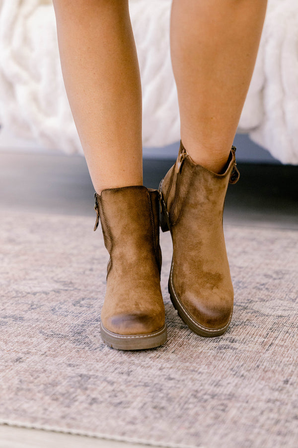 Chic Soul plus size clothing, dark brown round toe block heel booties