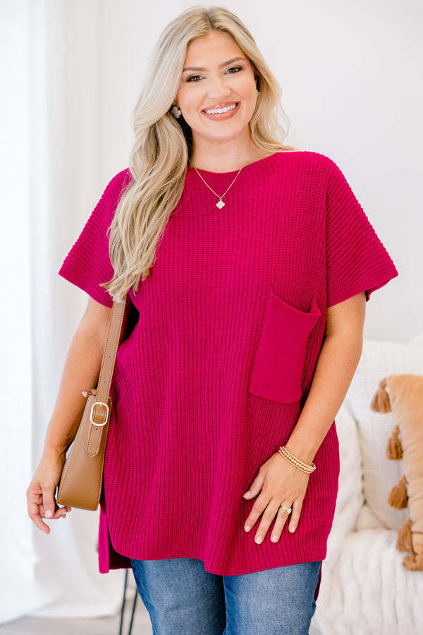 Chic Soul plus size clothing, pink-red short sleeve knit sweater with large front chest pocket
