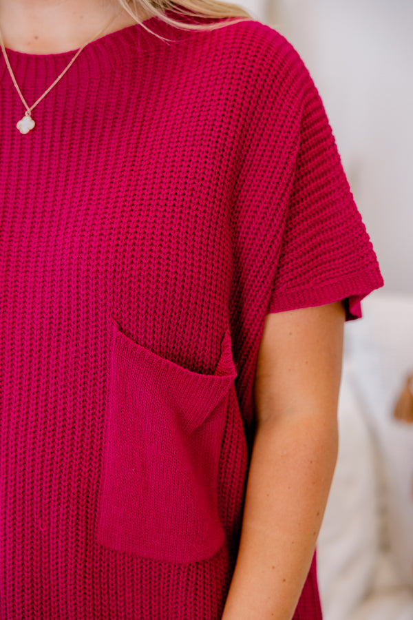 Chic Soul plus size clothing, pink-red short sleeve knit sweater with large front chest pocket