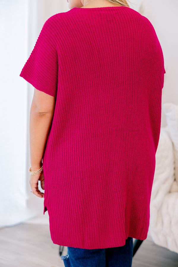 Chic Soul plus size clothing, pink-red short sleeve knit sweater with large front chest pocket