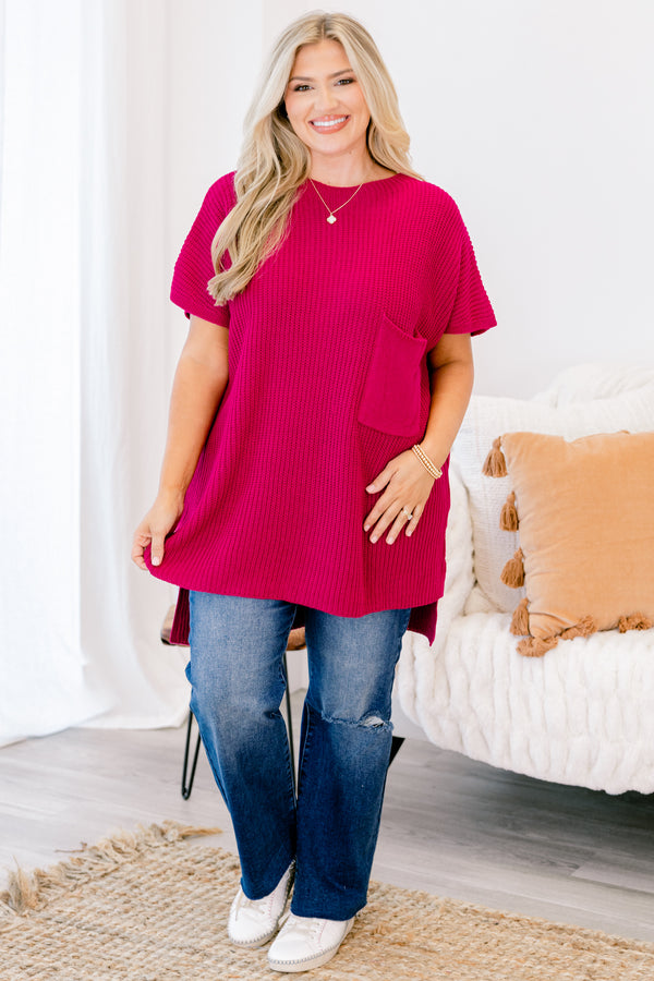 Chic Soul plus size clothing, pink-red short sleeve knit sweater with large front chest pocket