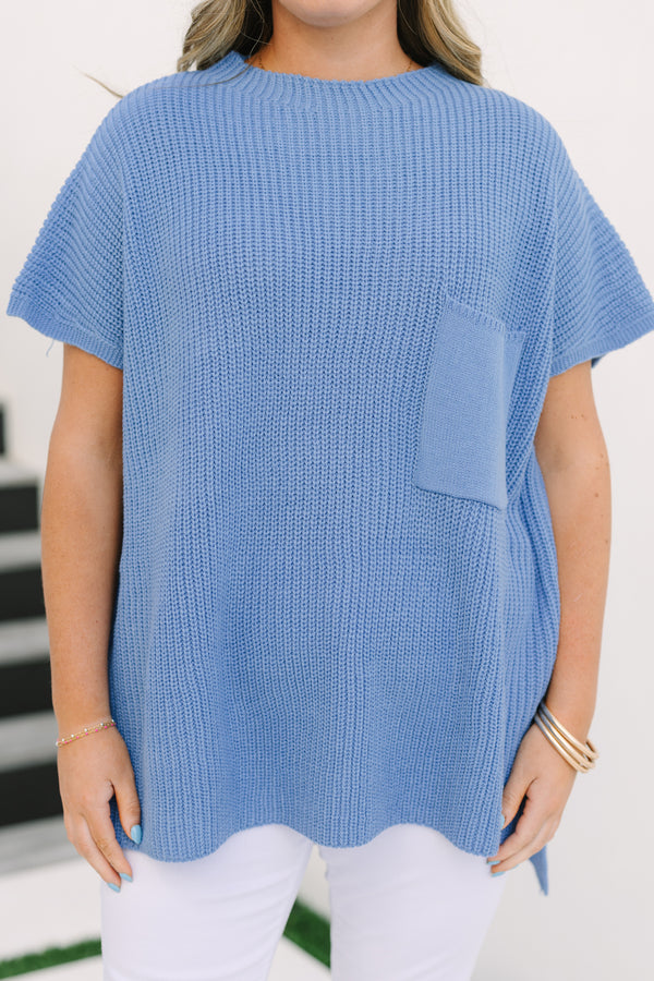 Chic Soul plus size clothing, light blue short sleeve knit sweater top with front chest pocket