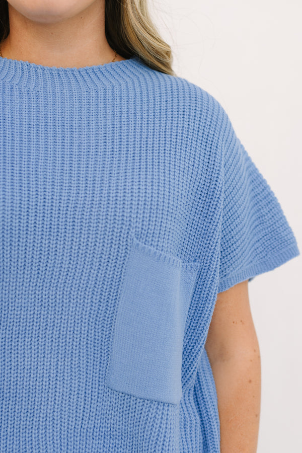 Chic Soul plus size clothing, light blue short sleeve knit sweater top with front chest pocket