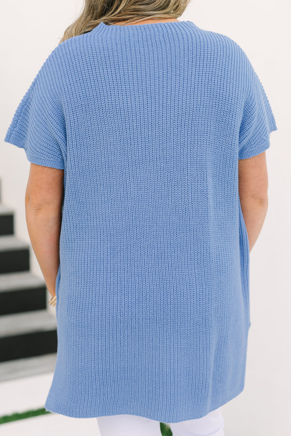Chic Soul plus size clothing, light blue short sleeve knit sweater top with front chest pocket