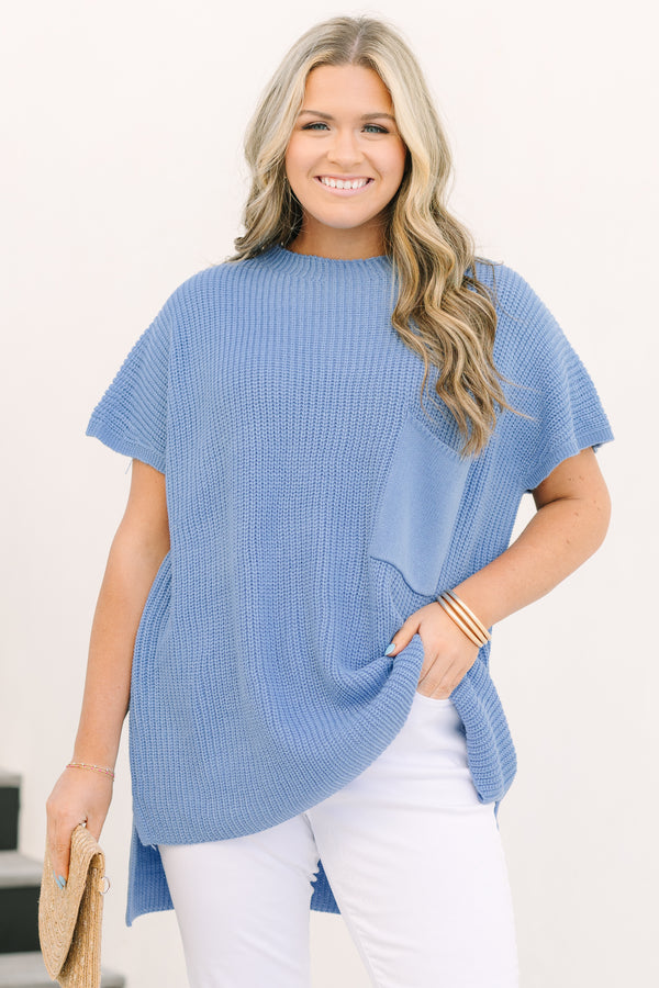 Chic Soul plus size clothing, light blue short sleeve knit sweater top with front chest pocket